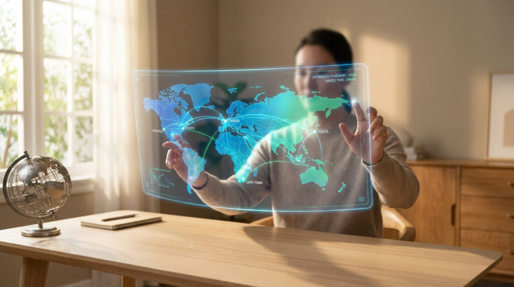 Personne manipulant un écran holographique affichant une carte du monde avec des itinéraires optimisés par IA.