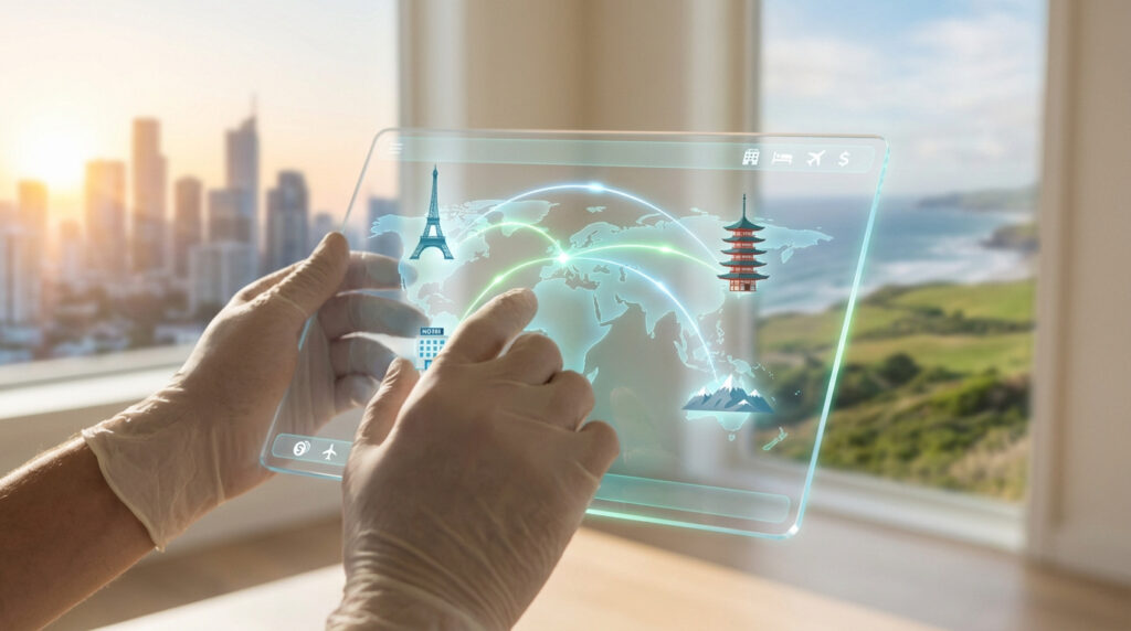 Des mains gantées utilisent une tablette transparente montrant une carte du monde, des itinéraires et des monuments emblématiques.