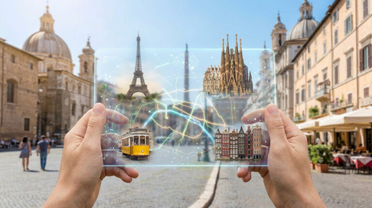 Mains tenant une tablette transparente affichant des monuments européens et des cartes numériques dans une rue ancienne.