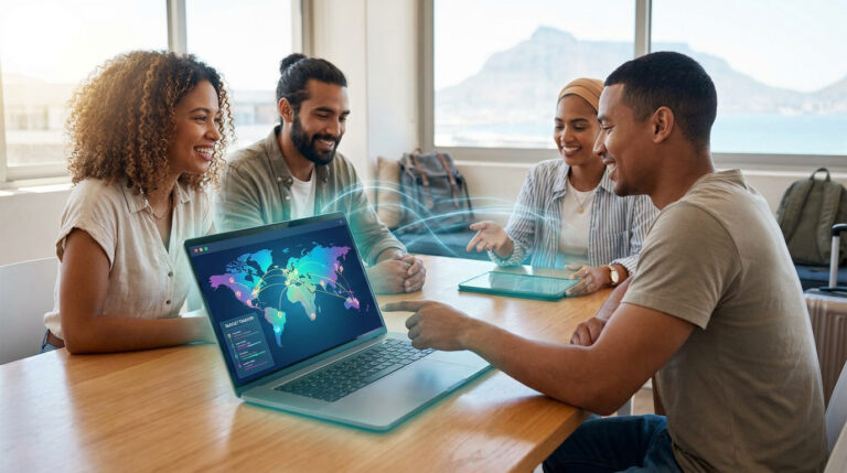 Quatre amis souriants autour d'un ordinateur affichant une carte du monde numérique pour organiser un voyage.