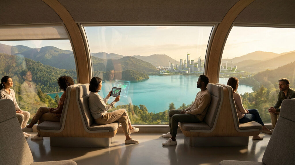 Des passagers voyagent dans un train futuriste avec une vue panoramique sur un lac et une ville écologique durable.