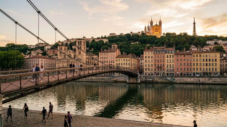Vue de Lyon au coucher du soleil : passerelle sur la Saône, façades du Vieux-Lyon et basilique de Fourvière