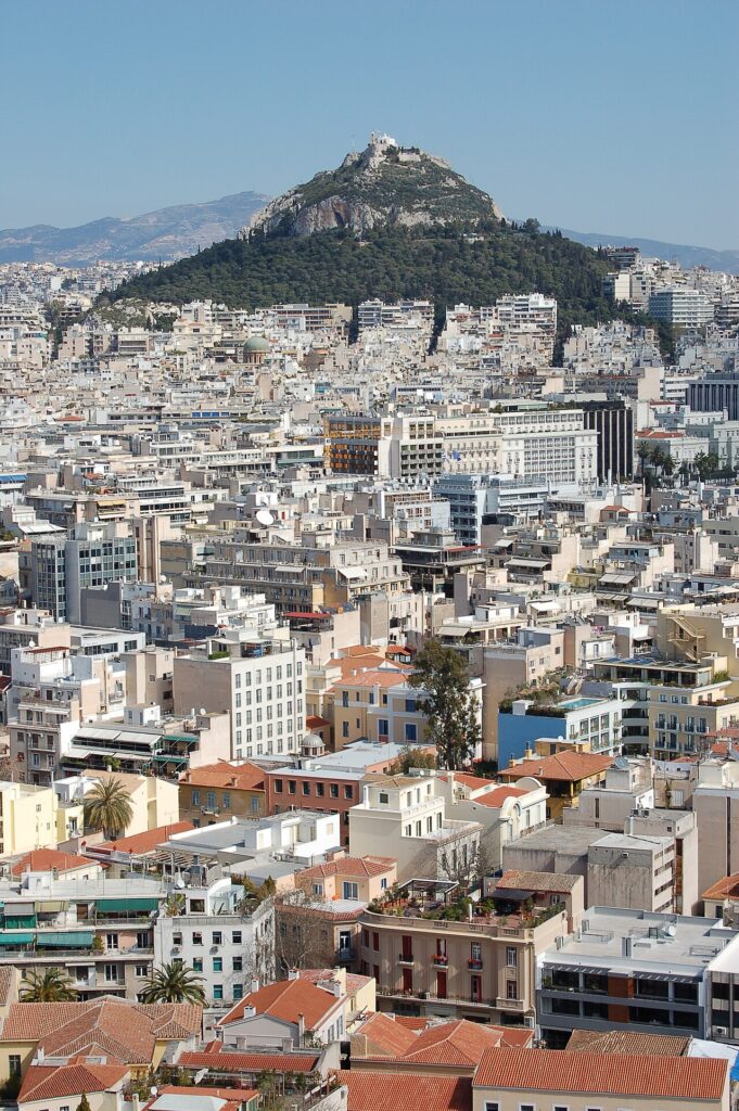 Lycabettus Hill above the rooftops of Athens